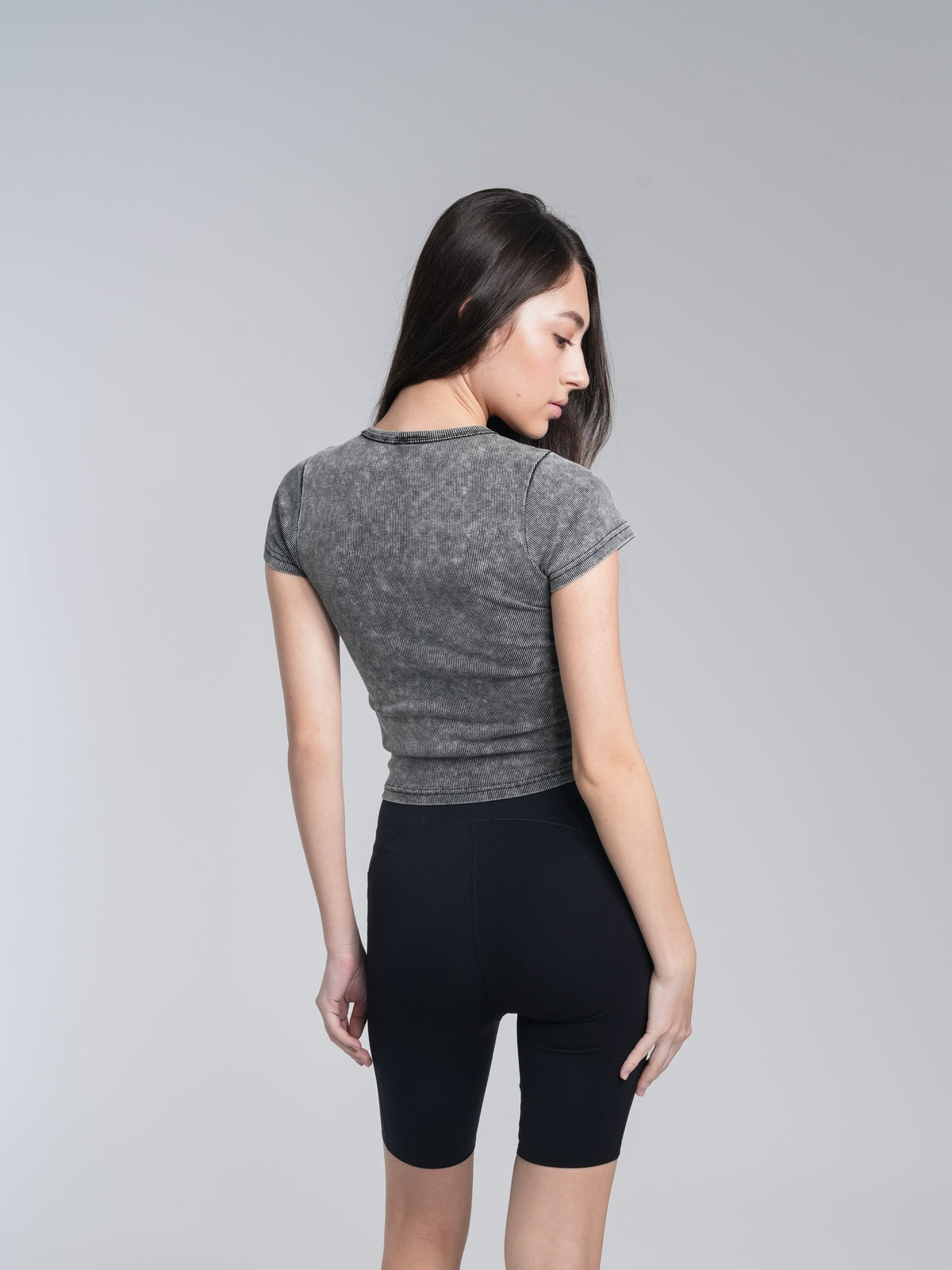 Alan Walker Washed Fitted Tee back view on a model, slim washed grey silhouette with contrast neck trim