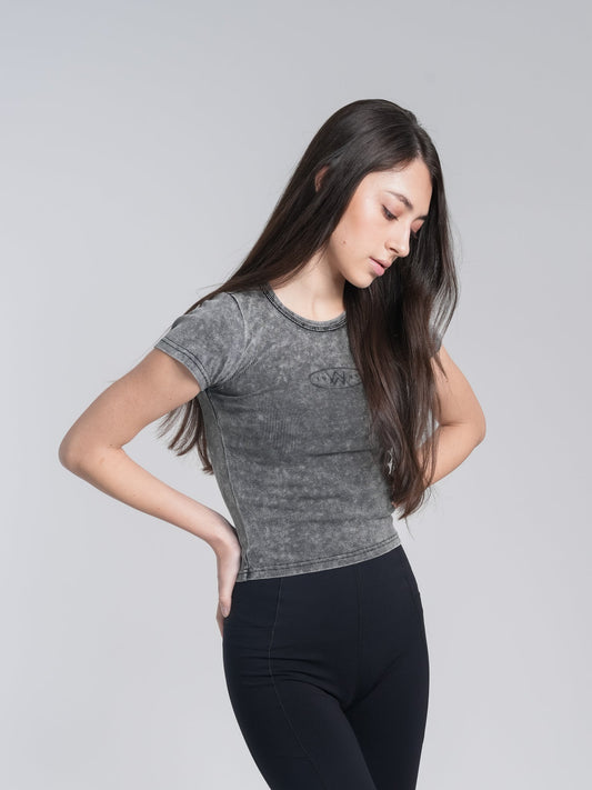 Alan Walker Washed Fitted Tee front on a model, faded grey short-sleeve top with tonal AW chest print