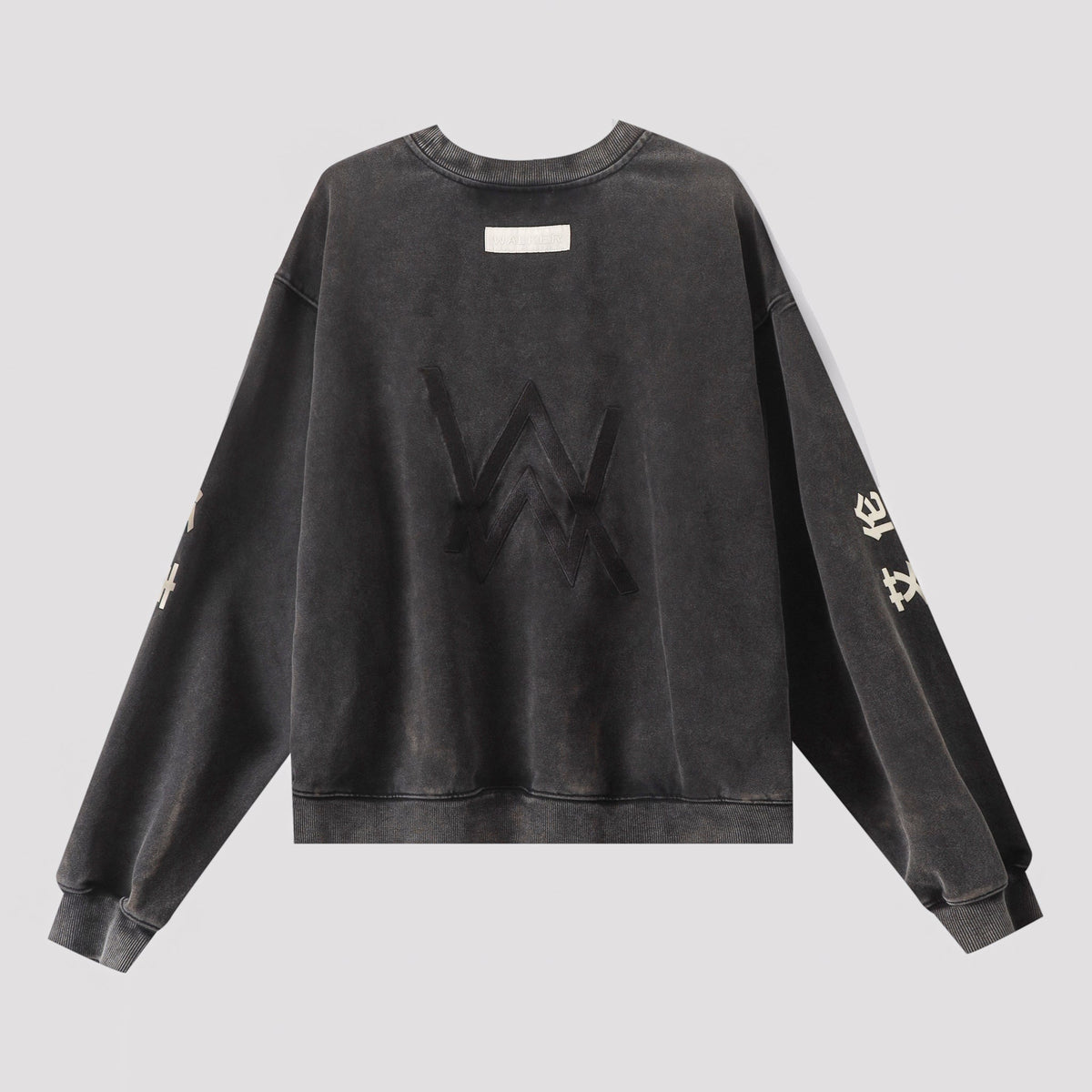 Alan Walker Crew Washed Logo Sweatshirt back flat lay, washed black crewneck with tonal AW logo and sleeve print
