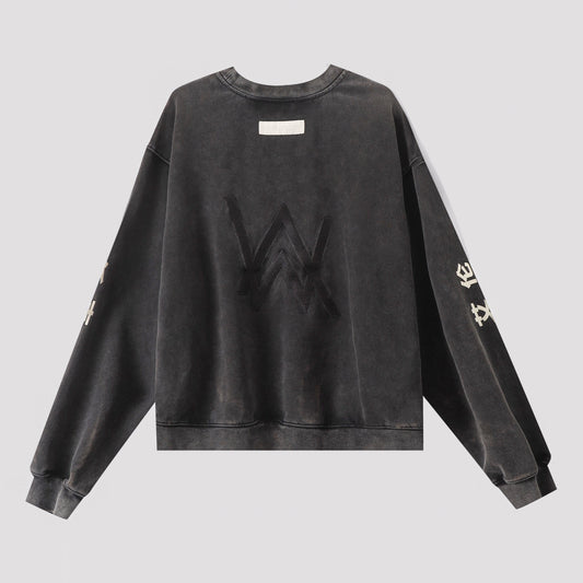 Alan Walker Crew Washed Logo Sweatshirt back flat lay, washed black crewneck with tonal AW logo and sleeve print