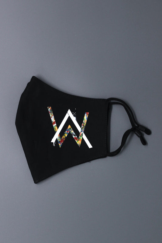 Alan Walker Tired Mask in black, angled view with the multicoloured AW logo and adjustable ear straps
