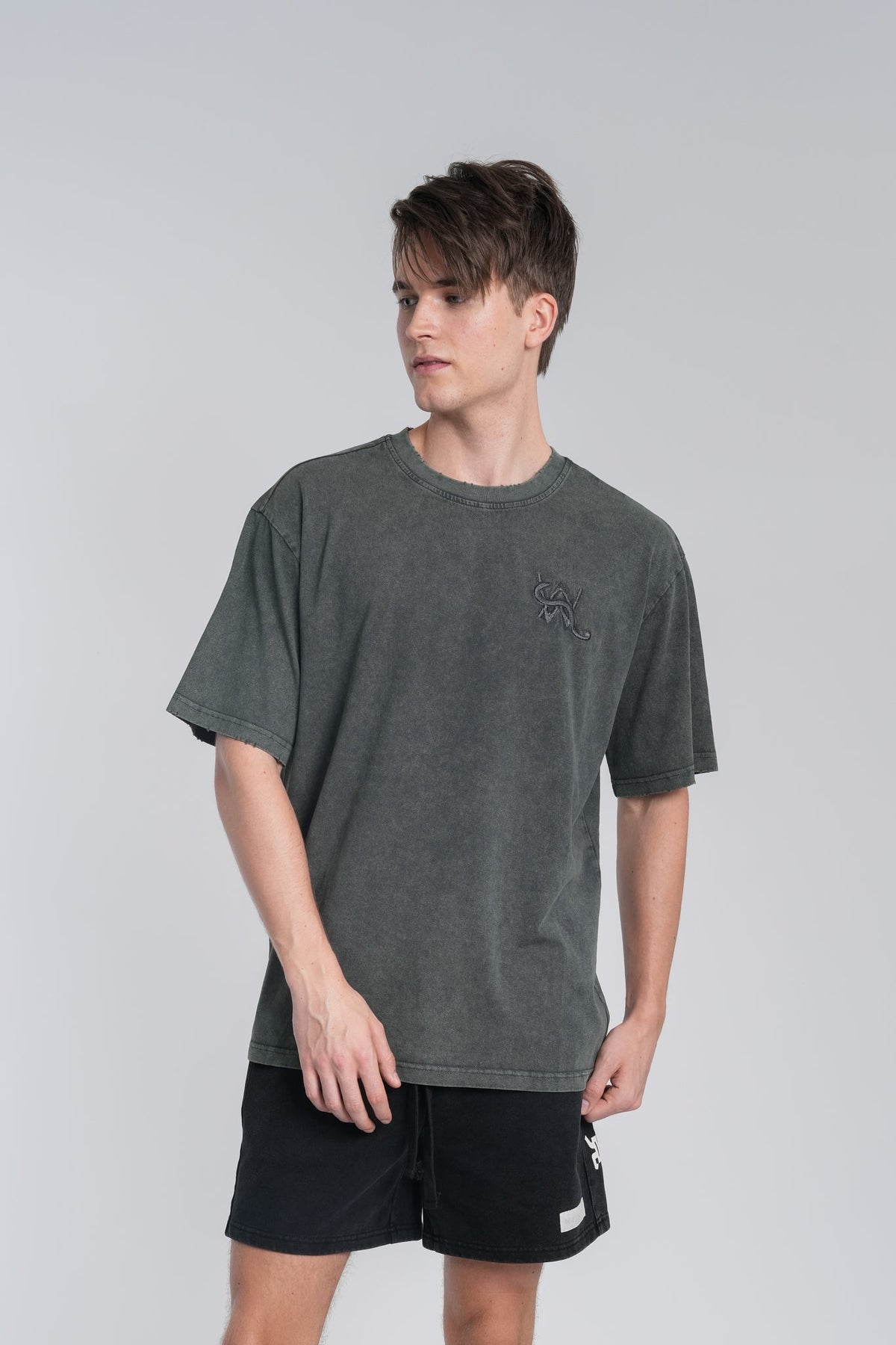 Alan Walker Snake Logo Tee in washed olive green worn by a model, oversized fit with tonal snake AW chest embroidery