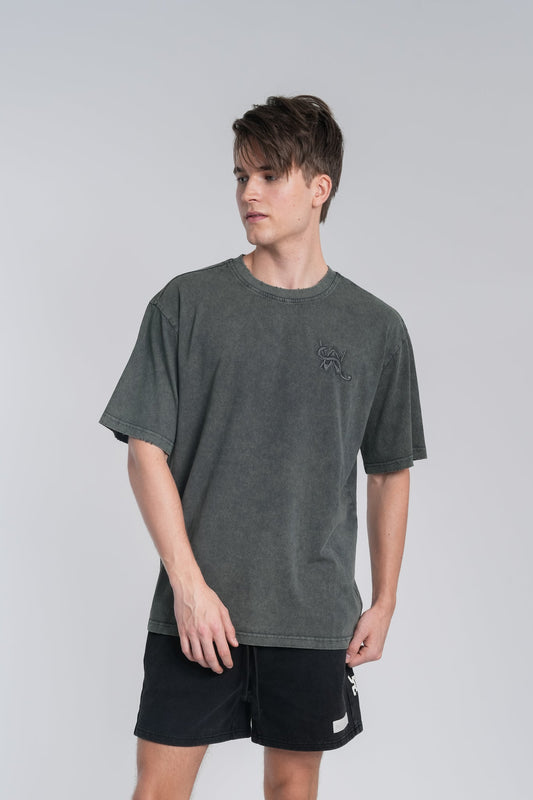 Alan Walker Snake Logo Tee in washed olive green worn by a model, oversized fit with tonal snake AW chest embroidery