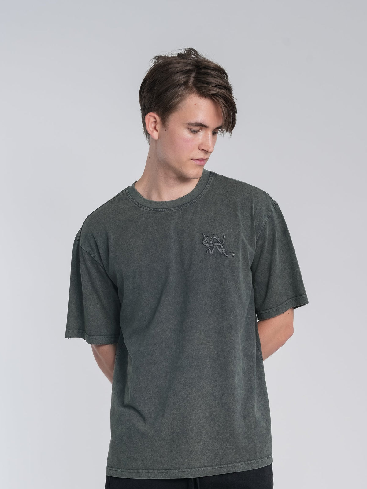 Alan Walker Snake Logo Tee on a model looking down, washed dark green oversized tee with a small snake chest logo
