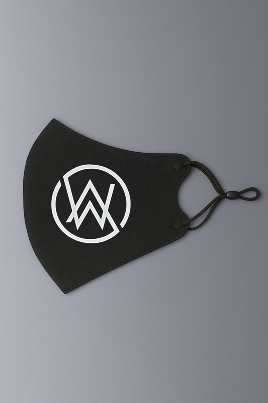 Alan Walker Gaming Mask in black with a white ringed AW logo and adjustable elastic ear loops, flat lay