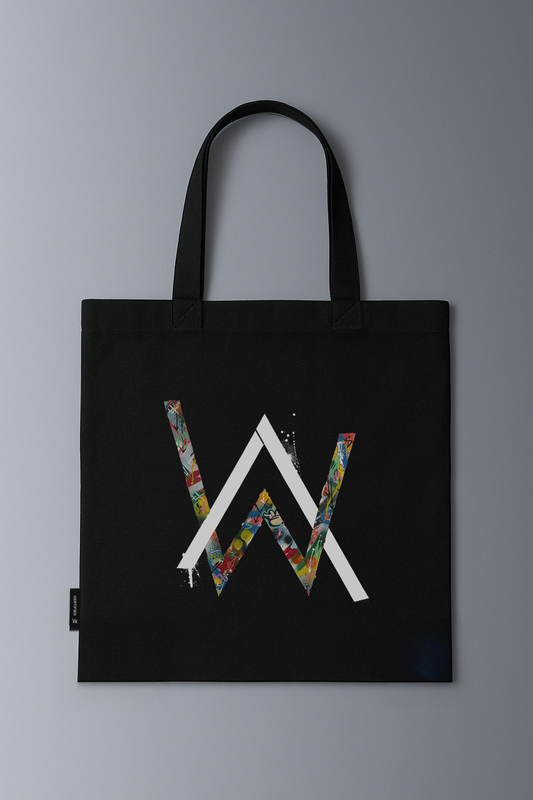 Alan Walker Tired Unity Tote in black, front view of the canvas bag with the colour-filled AW logo print