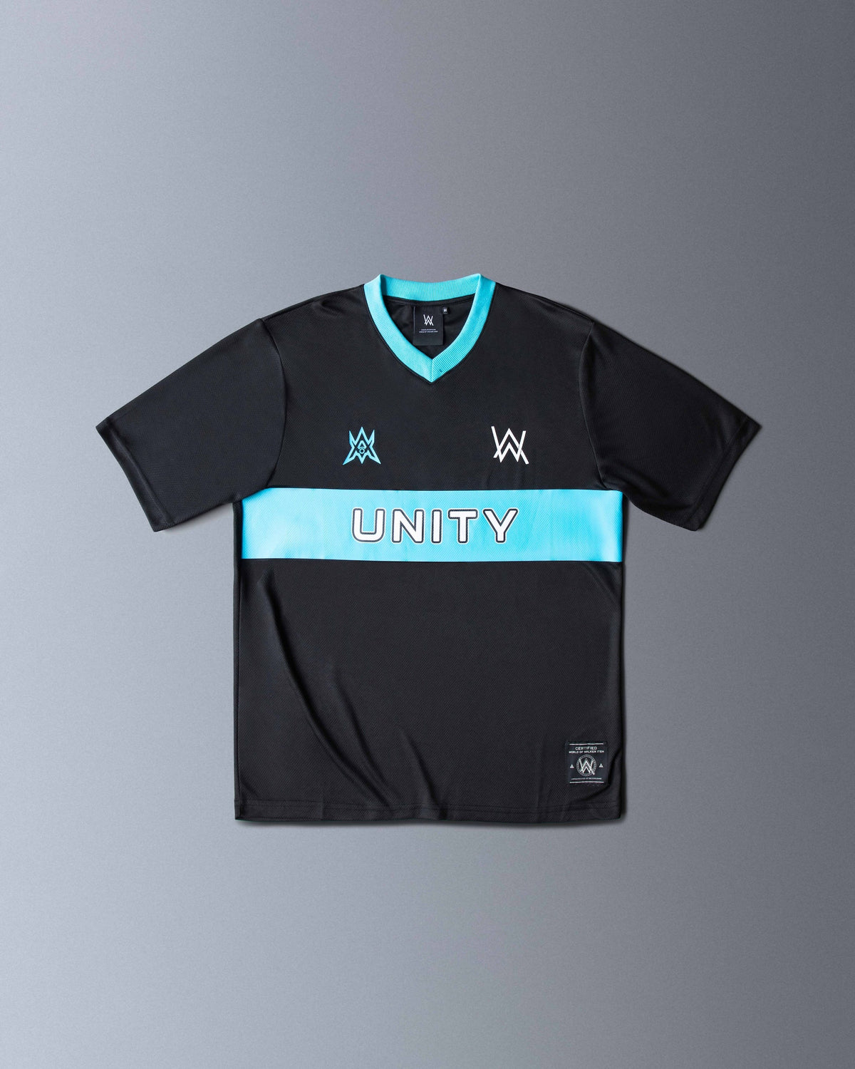 Alan Walker Unity Force Tribe Bundle jersey front, black with cyan V-neck collar and Unity chest band