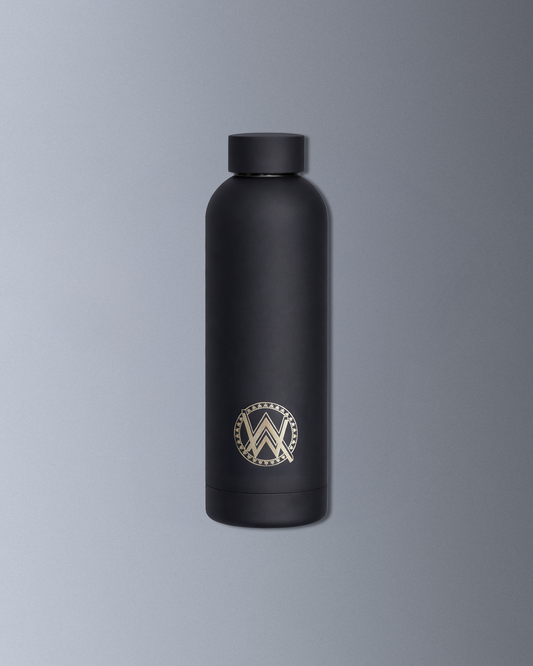Alan Walker Core LV1 Water Bottle, matte black stainless flask with a metallic AW crest on the front