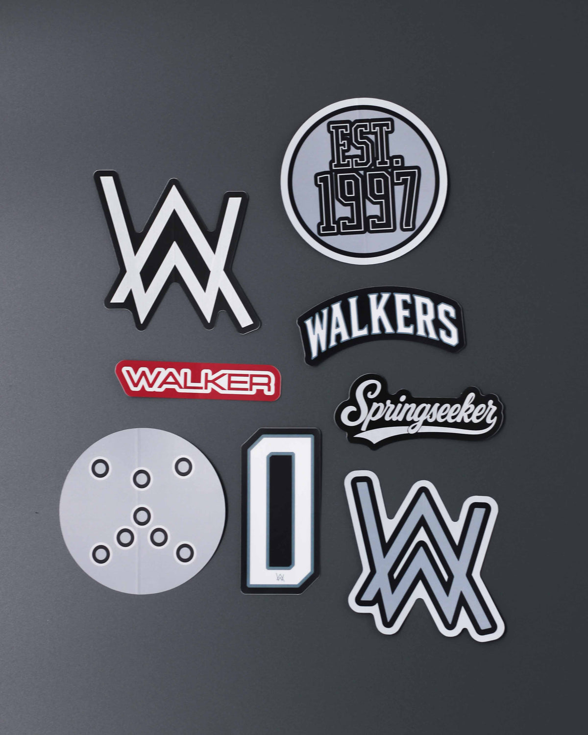 Alan Walker Varsity Sticker Pack laid out on grey, white AW logos, red Walker banner and Est 1997 crest decals