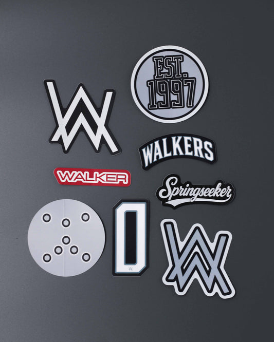 Alan Walker Varsity Sticker Pack laid out on grey, white AW logos, red Walker banner and Est 1997 crest decals