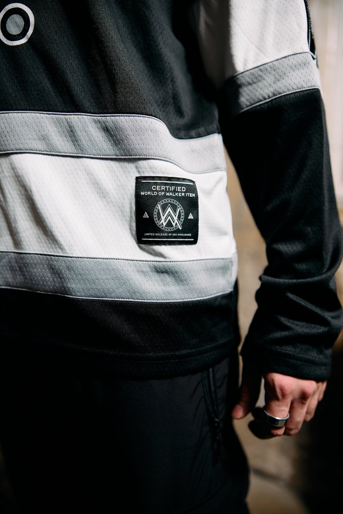 Alan Walker 0 Hockey Jersey worn from behind, white and grey body stripes with the Walker tag