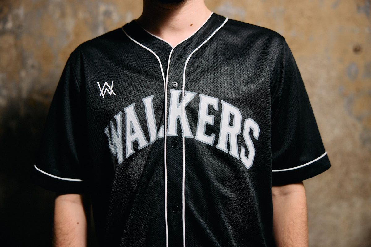 Alan Walker 8 Baseball Jersey worn by a model, front view with bold white Walkers chest lettering