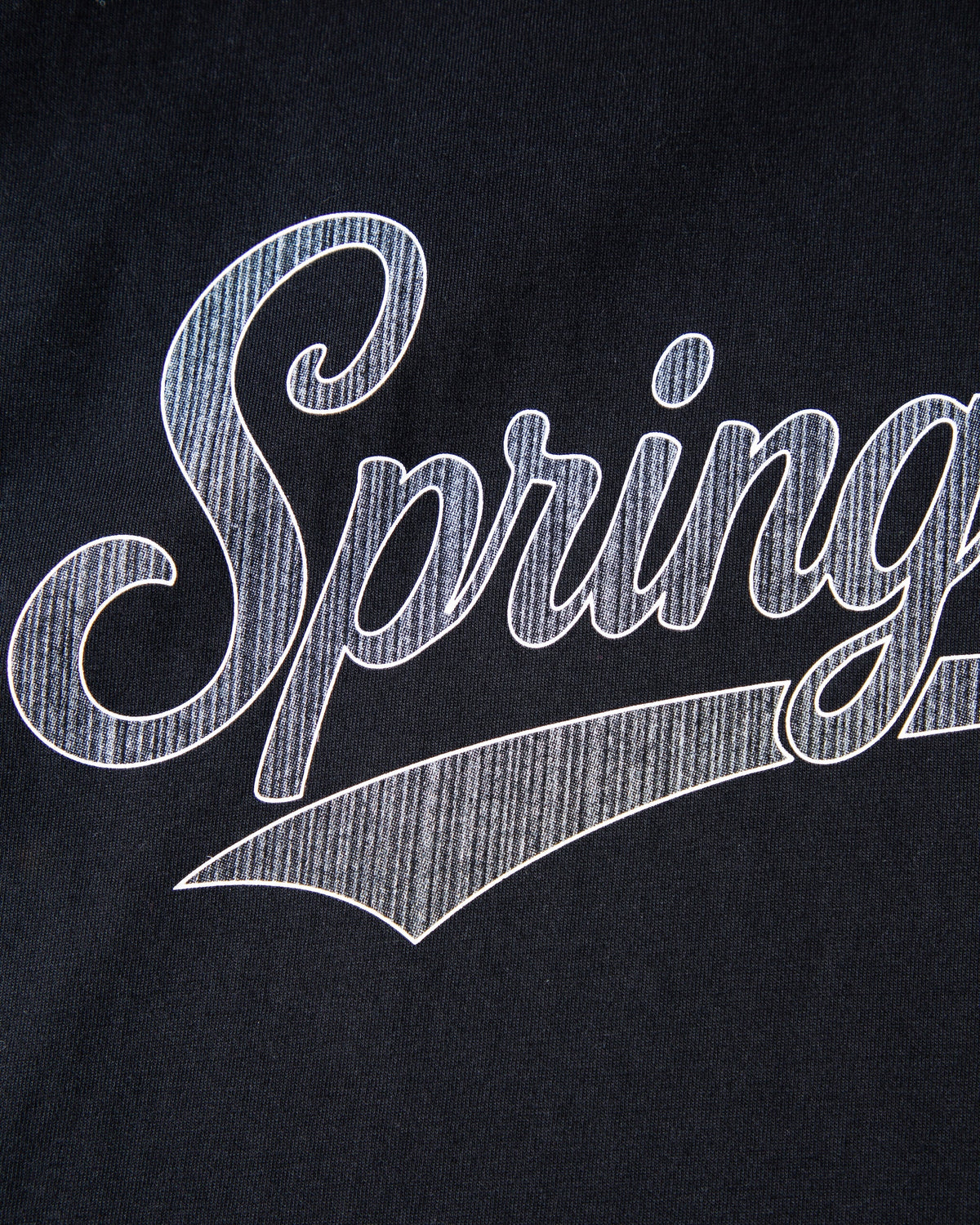 Alan Walker Springseeker Sports T-Shirt print close-up, silver Springseeker script lettering on black jersey