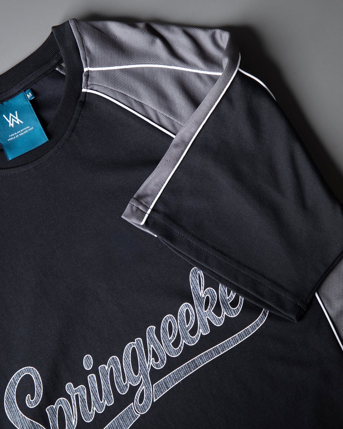 Alan Walker Springseeker Sports T-Shirt folded flat, grey sleeve laid over the Springseeker chest graphic