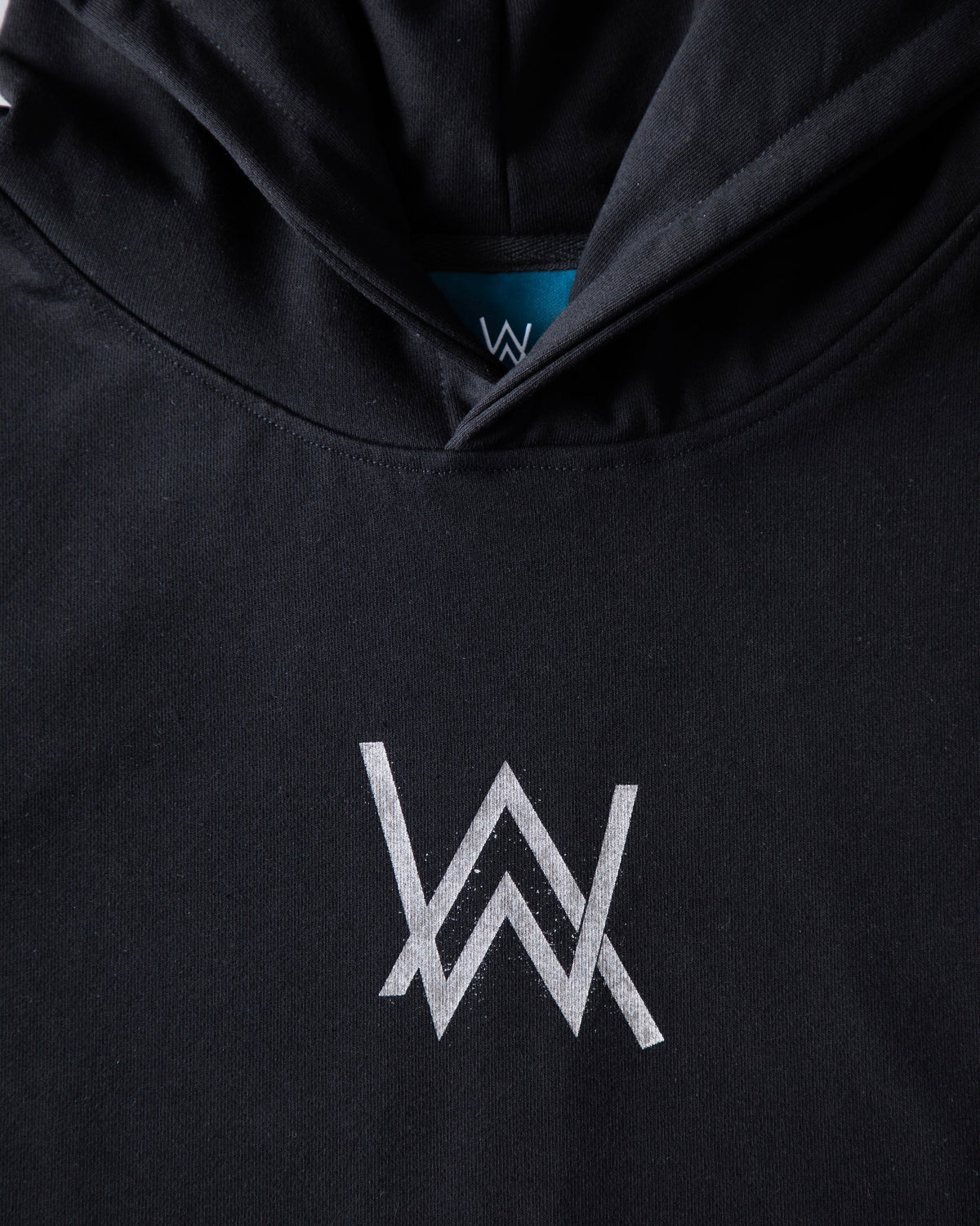 Alan Walker Atlantis 8 Hoodie front close-up, silver AW chest print with the hood and teal lining showing