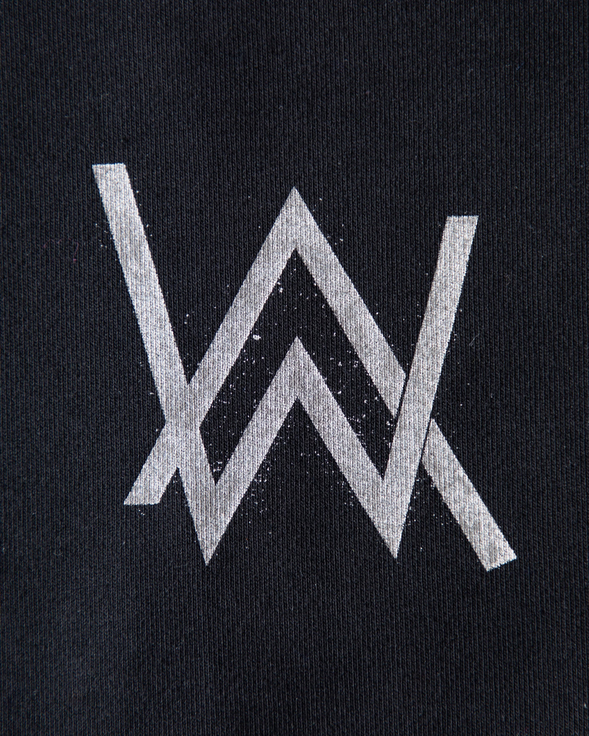 Alan Walker Atlantis 0 Hoodie logo macro shot, silver AW mountain mark screen printed on black cotton