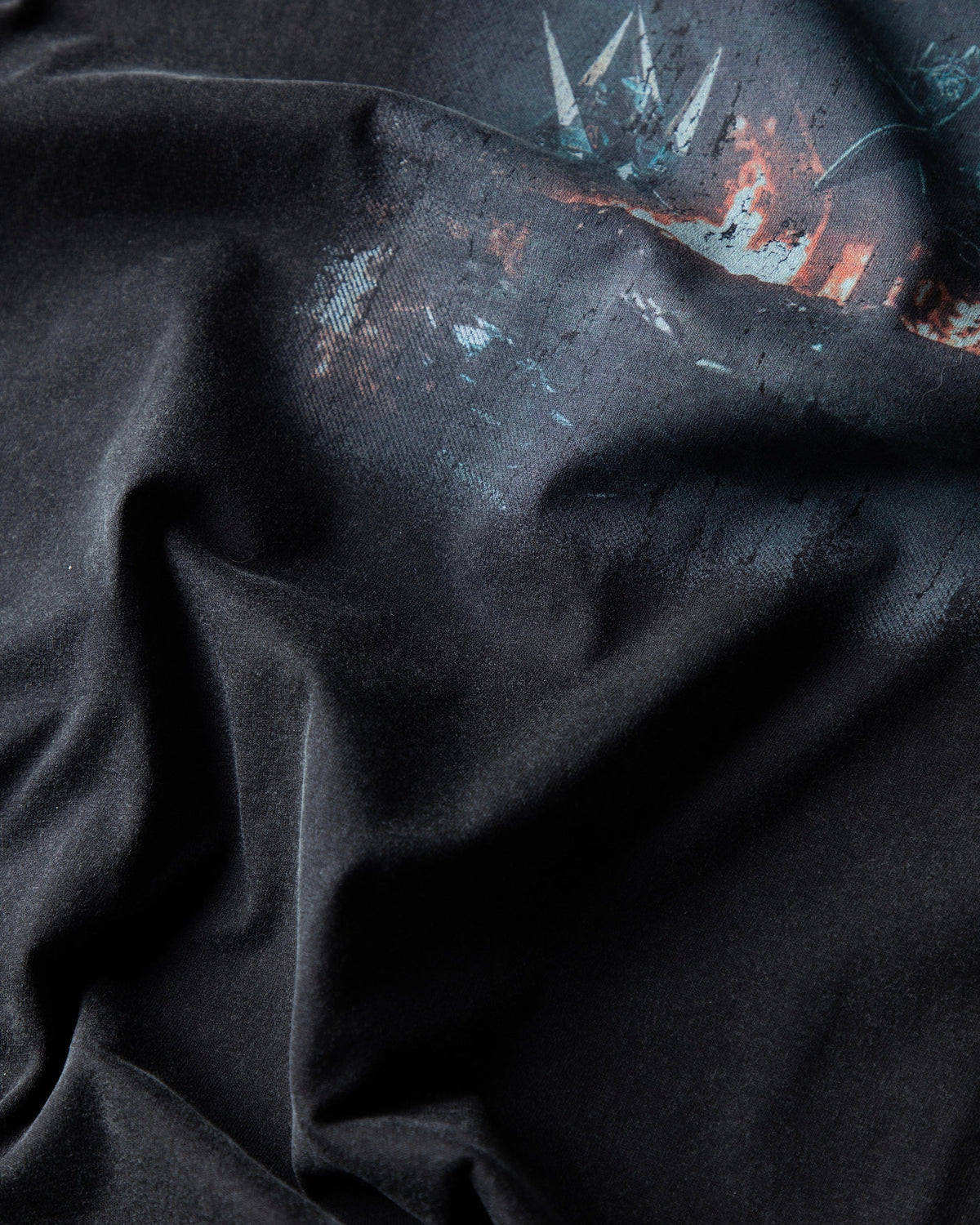 Alan Walker Rise Of The Drone Vintage T-Shirt fabric close-up, cracked vintage print on soft washed black cotton