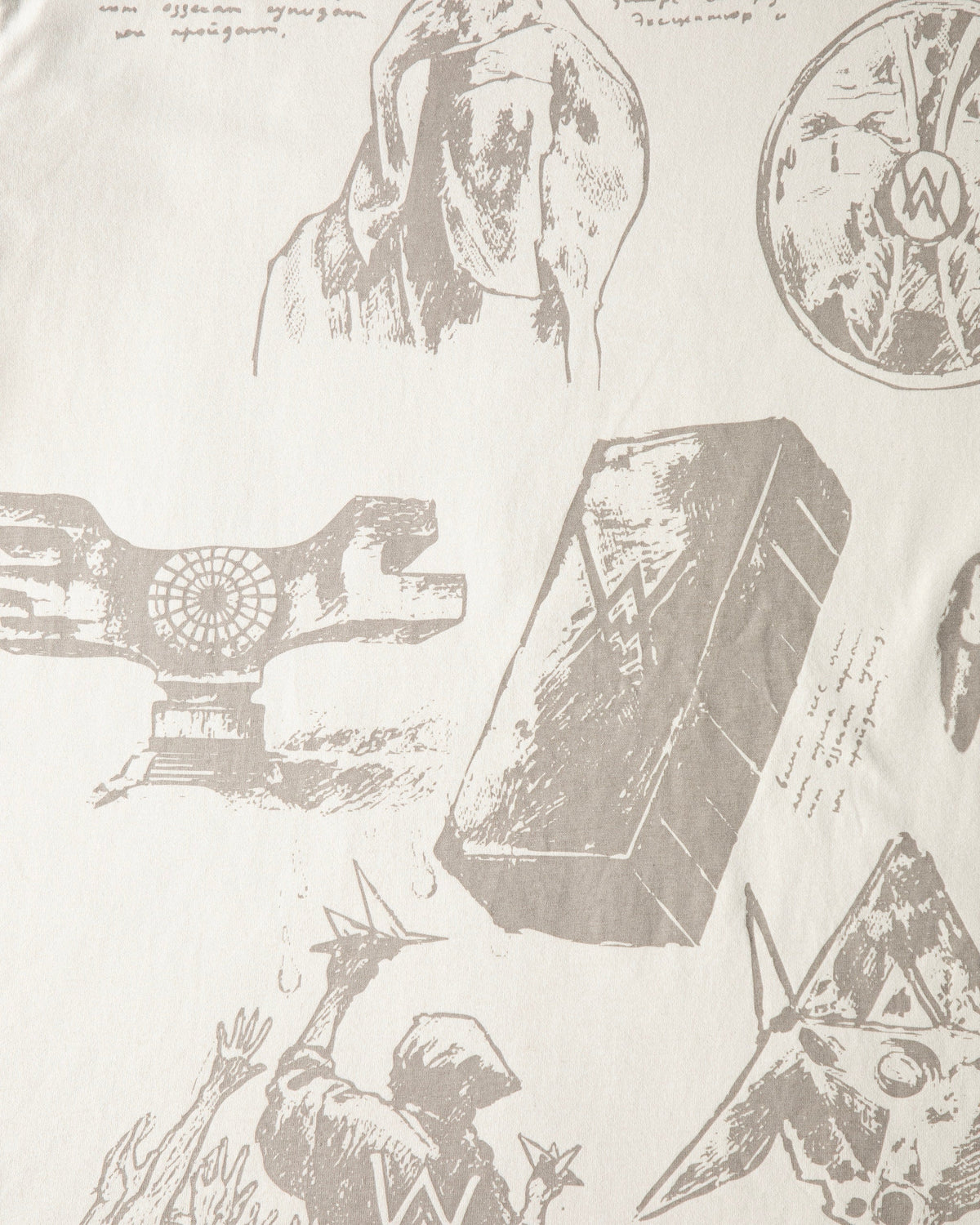 Alan Walker Encyclopedia T-Shirt back graphic detail, grey sketched figures, monolith and notes on cream cotton