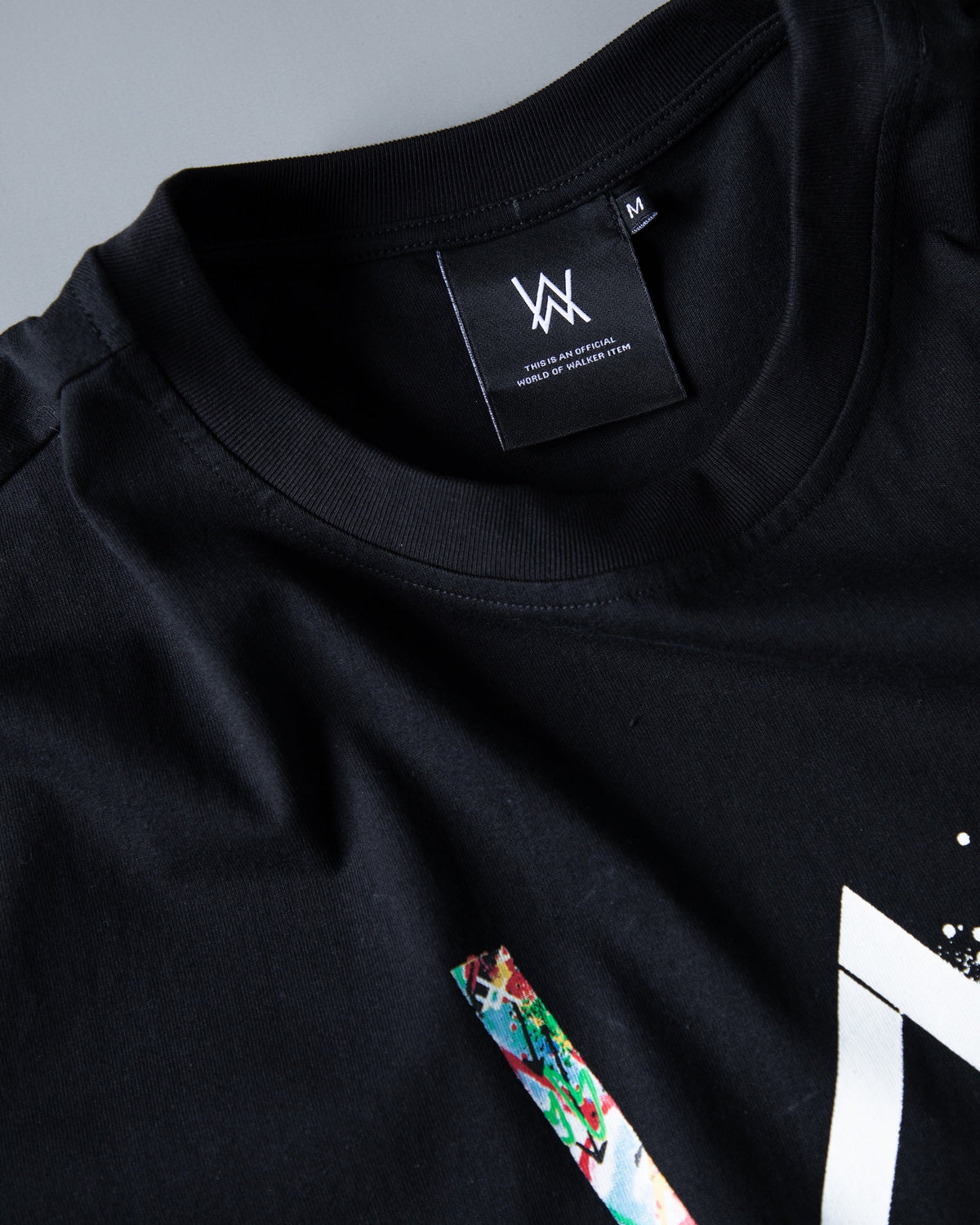 Alan Walker Tired Unity T-Shirt neckline detail, AW woven label above the colour-filled chest logo