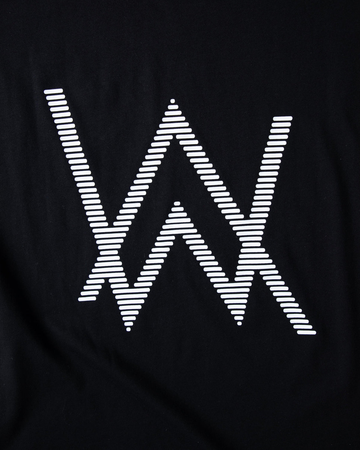 Alan Walker World of Walker Skyline T-shirt back print close-up, halftone striped AW logo on soft black jersey