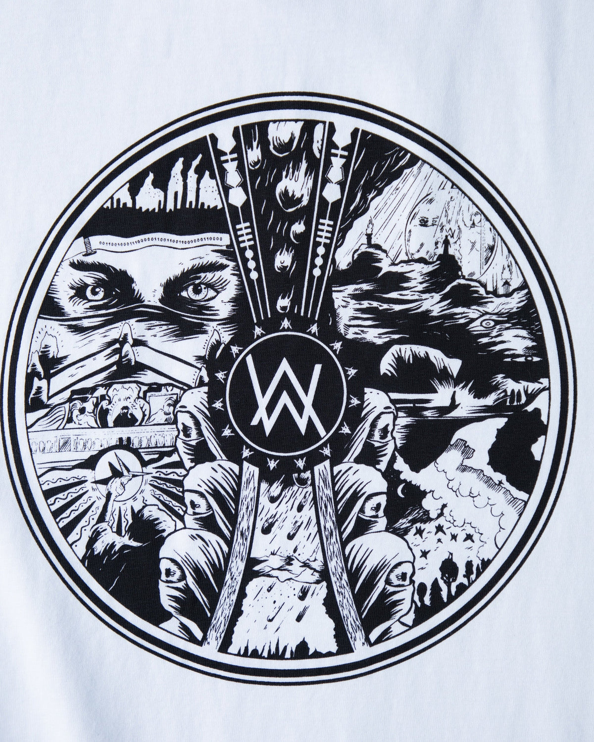 Alan Walker End of the World T-Shirt print close-up on white cotton, black roundel of eyes and ruins around the AW logo