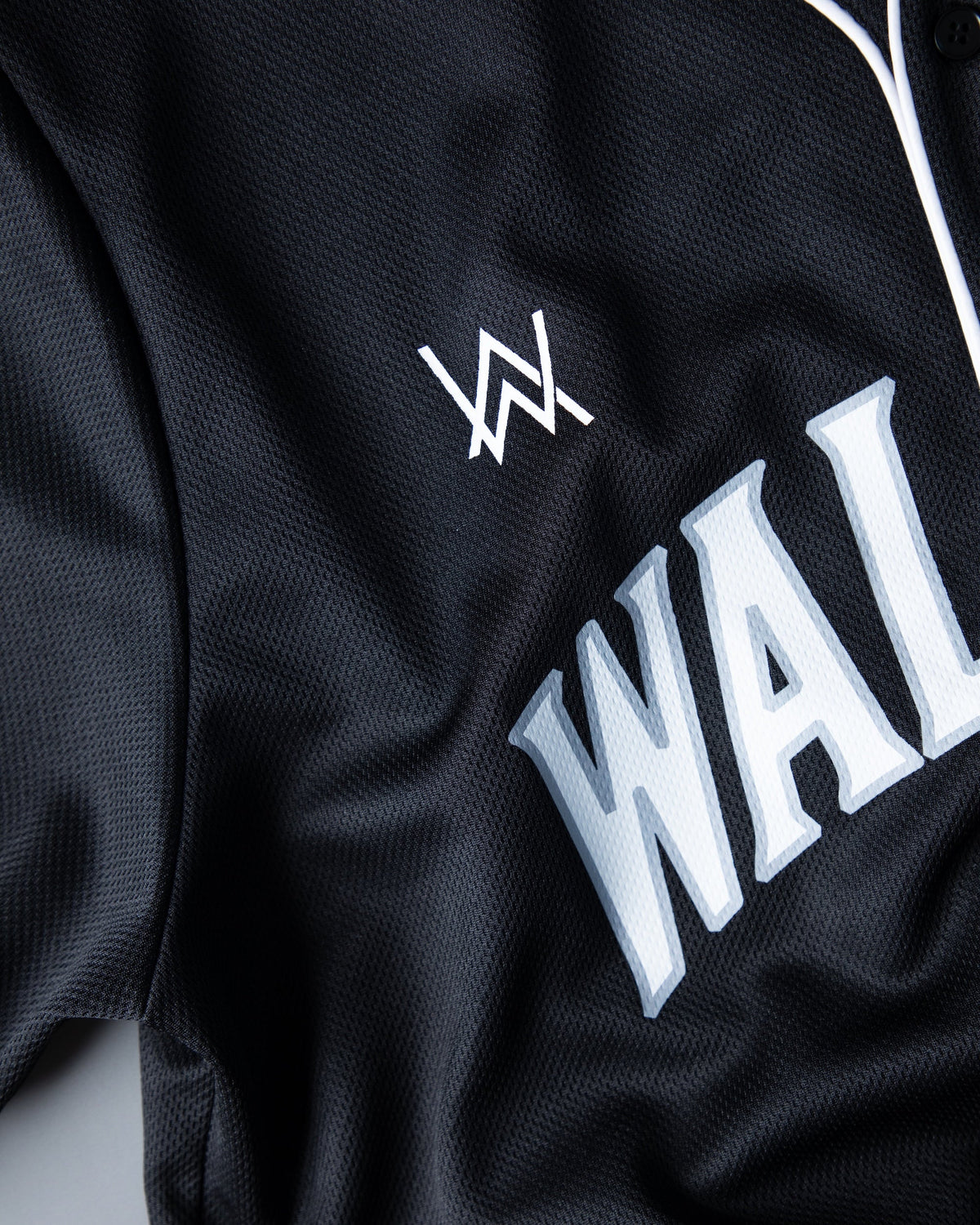 Alan Walker 8 Baseball Jersey detail with the small white AW logo above the arched Walker chest lettering