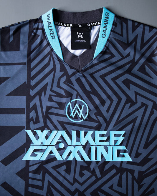 Alan Walker Gaming Jersey collar and chest close-up, cyan AW emblem and Walker Gaming print on navy maze fabric