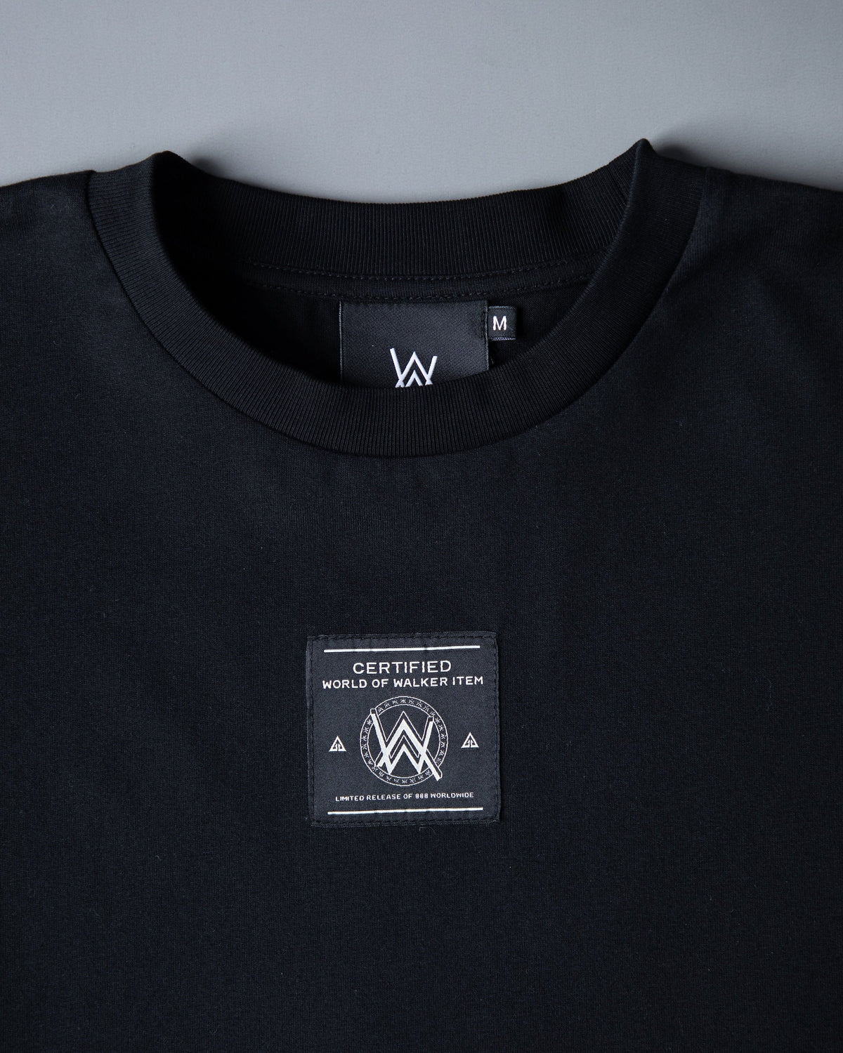 Alan Walker Prophecy Disc VIII Longsleeve neckline detail, AW size label and Walker chest patch
