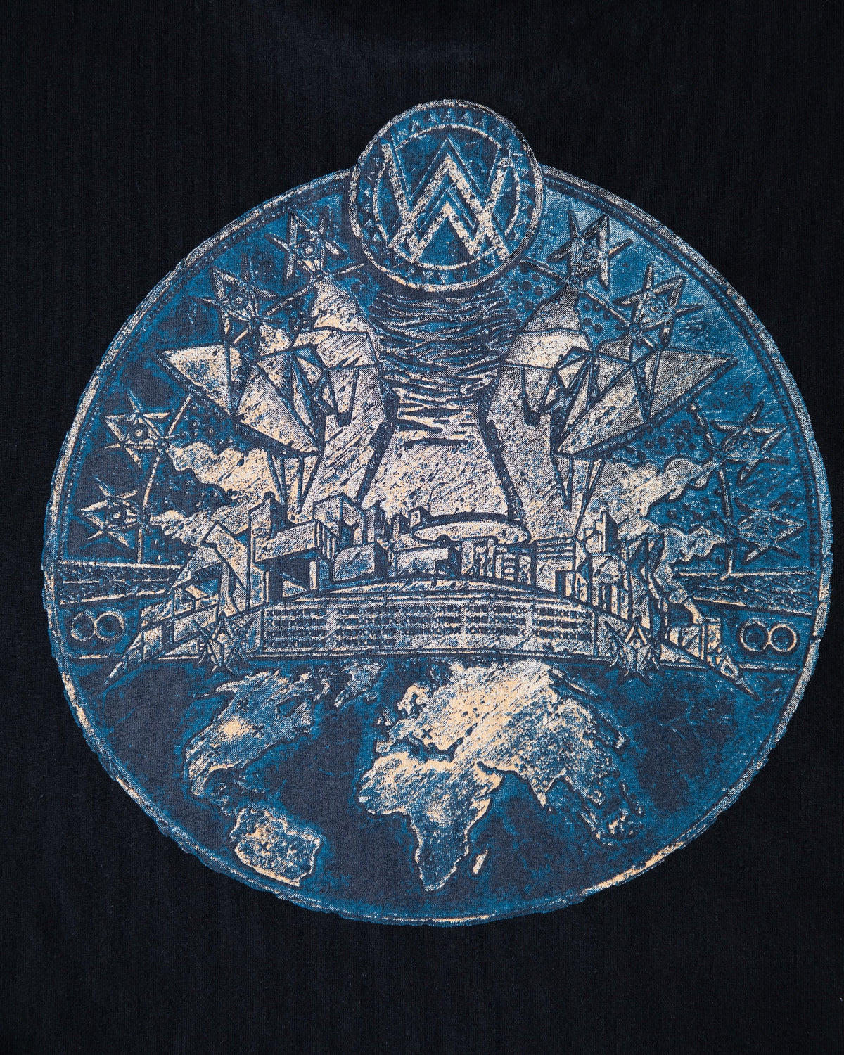 Alan Walker Prophecy Disc VIII Longsleeve back print close-up, blue world disc crest with drones and AW logo