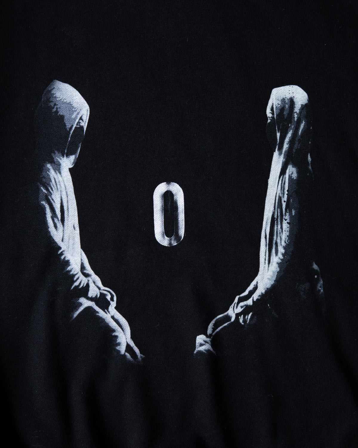 Alan Walker Tired 0 Hoodie back print close-up, two white hooded figures holding a glowing zero on black