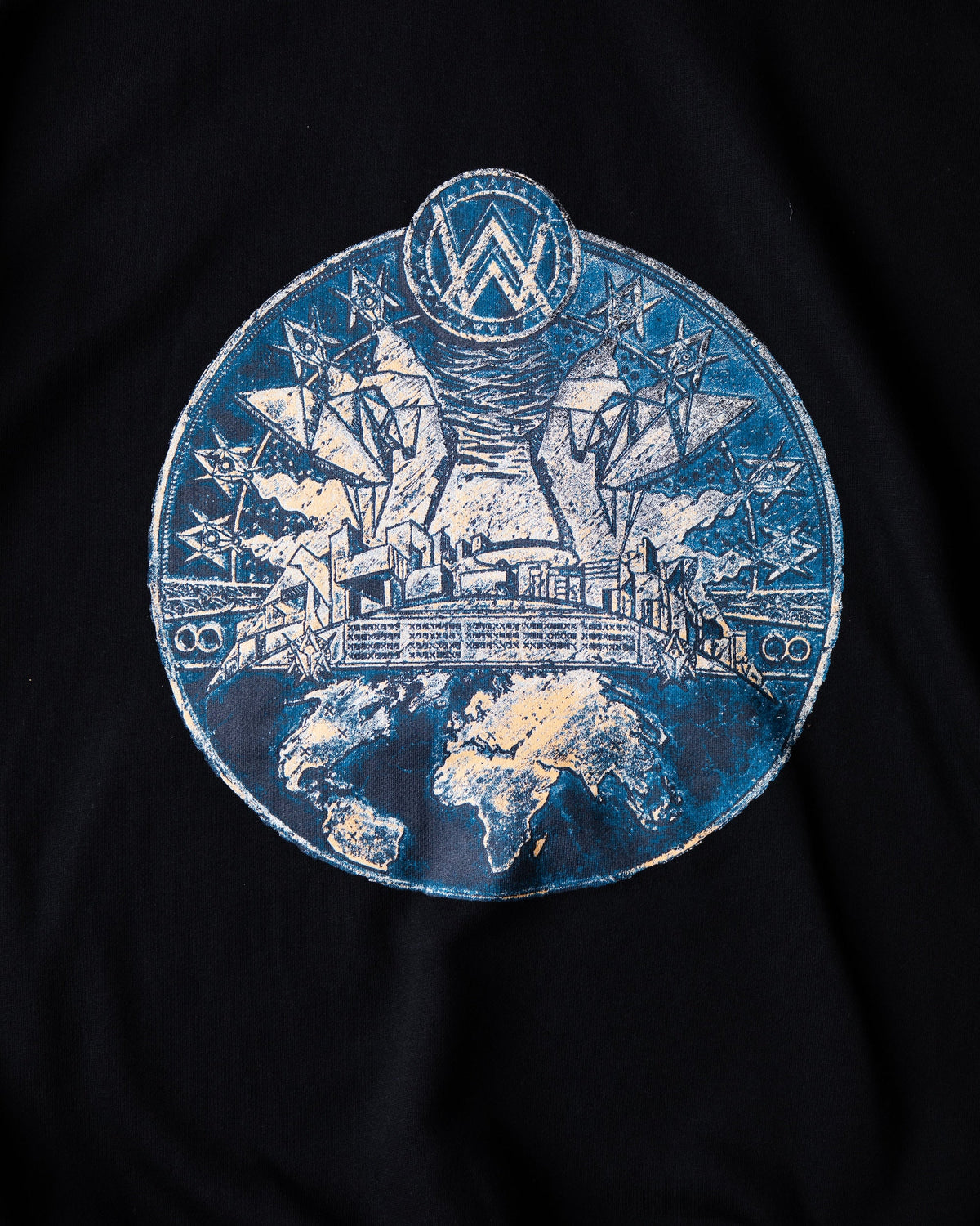 Alan Walker Prophecy Disc VIII Hoodie back print close-up, detailed blue and gold globe crest with AW logo