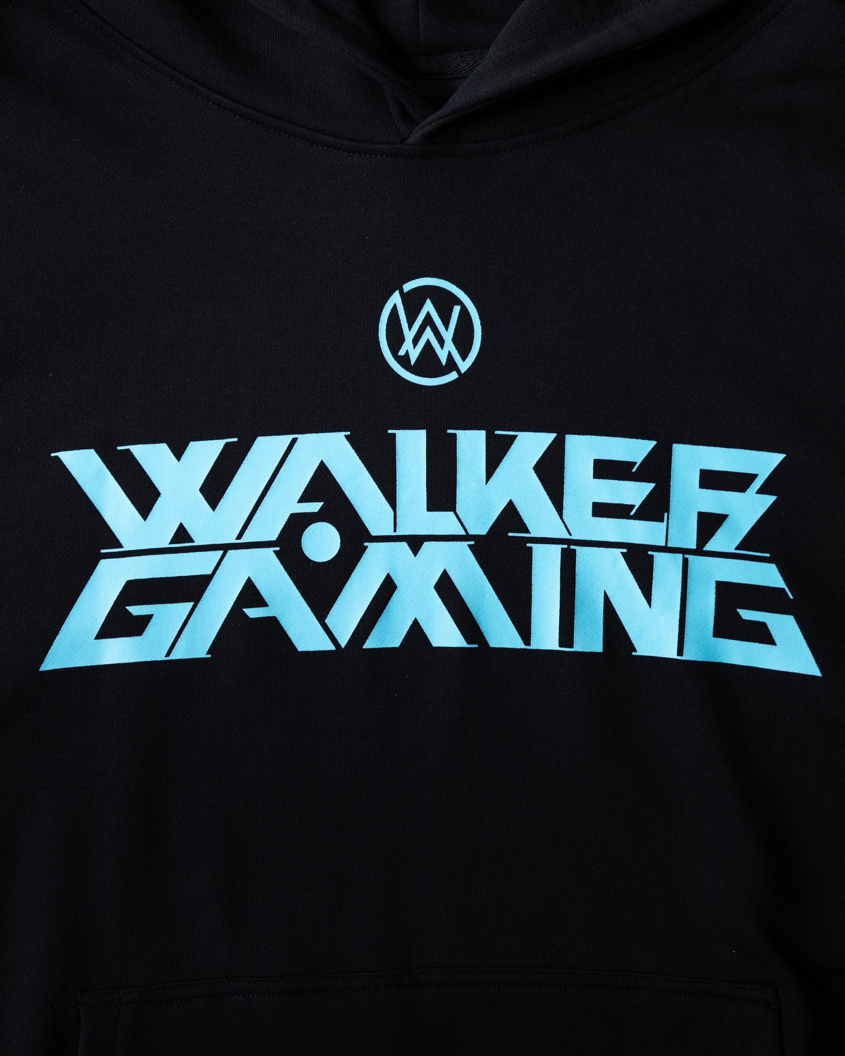 Alan Walker Gaming Hoodie print macro, gradient blue Walker Gaming lettering on soft black fleece