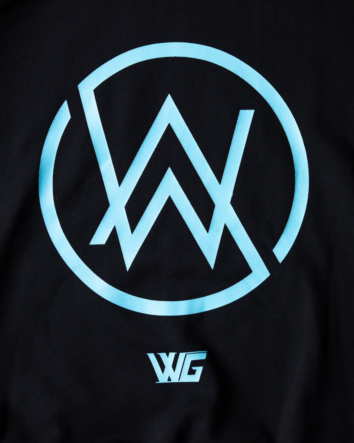 Alan Walker Gaming Hoodie back print close-up, blue circular AW emblem above the small WG monogram