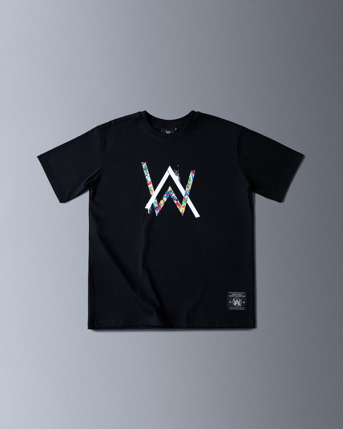 Alan Walker Tired 0 Tee front flat lay in black, multicoloured AW logo on the chest with hem branding label