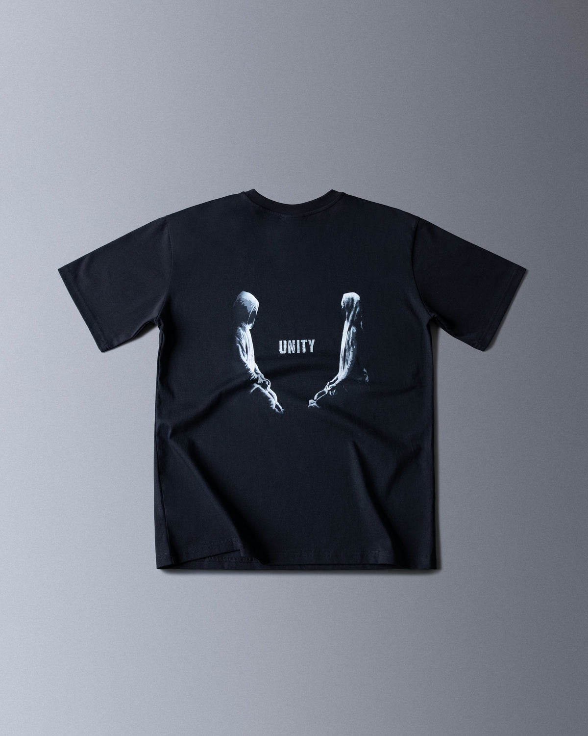 Alan Walker Tired Unity T-Shirt in black, back flat lay with the reaching Unity figures printed in white
