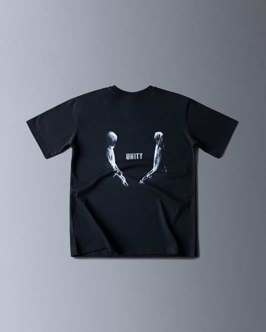 Alan Walker Tired Unity T-Shirt in black, back flat lay with the reaching Unity figures printed in white