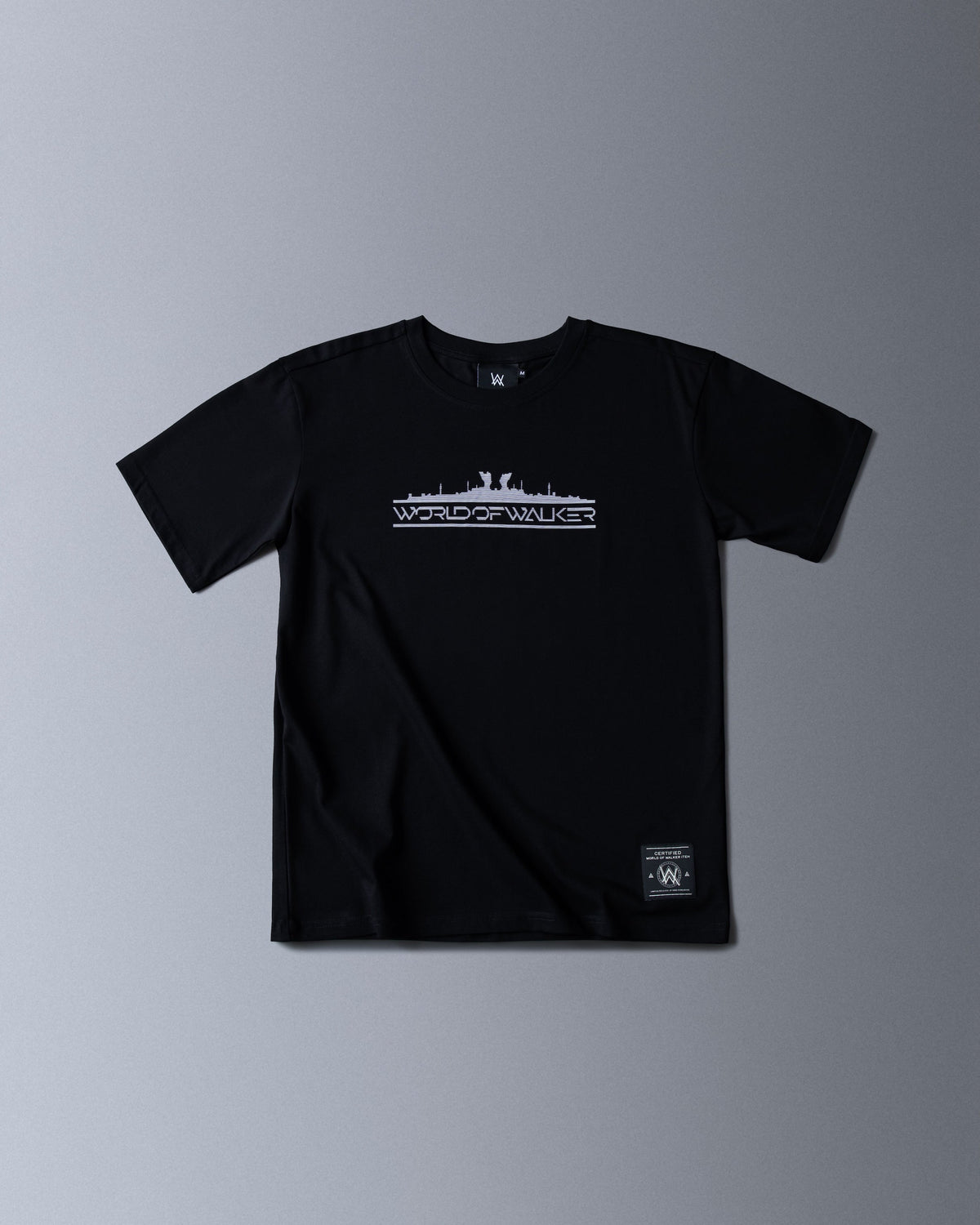 Alan Walker World of Walker Skyline T-shirt in black, front flat lay with the white skyline logo on the chest
