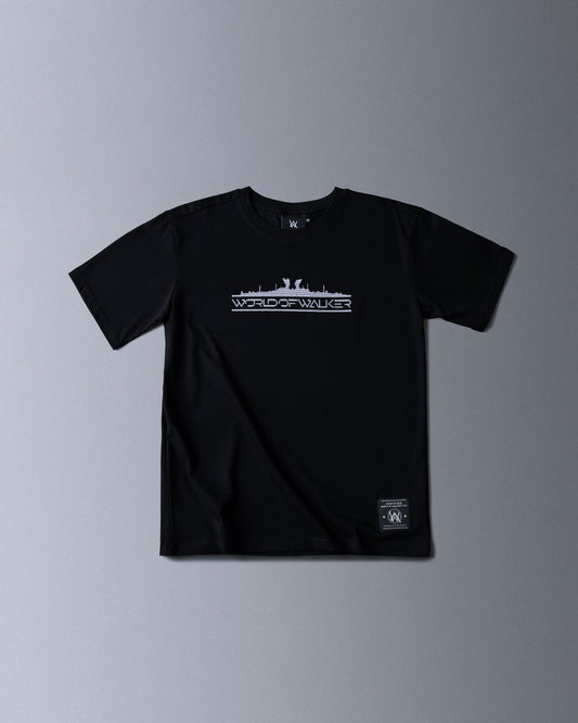 Alan Walker World of Walker Skyline T-shirt in black, front flat lay with the white skyline logo on the chest