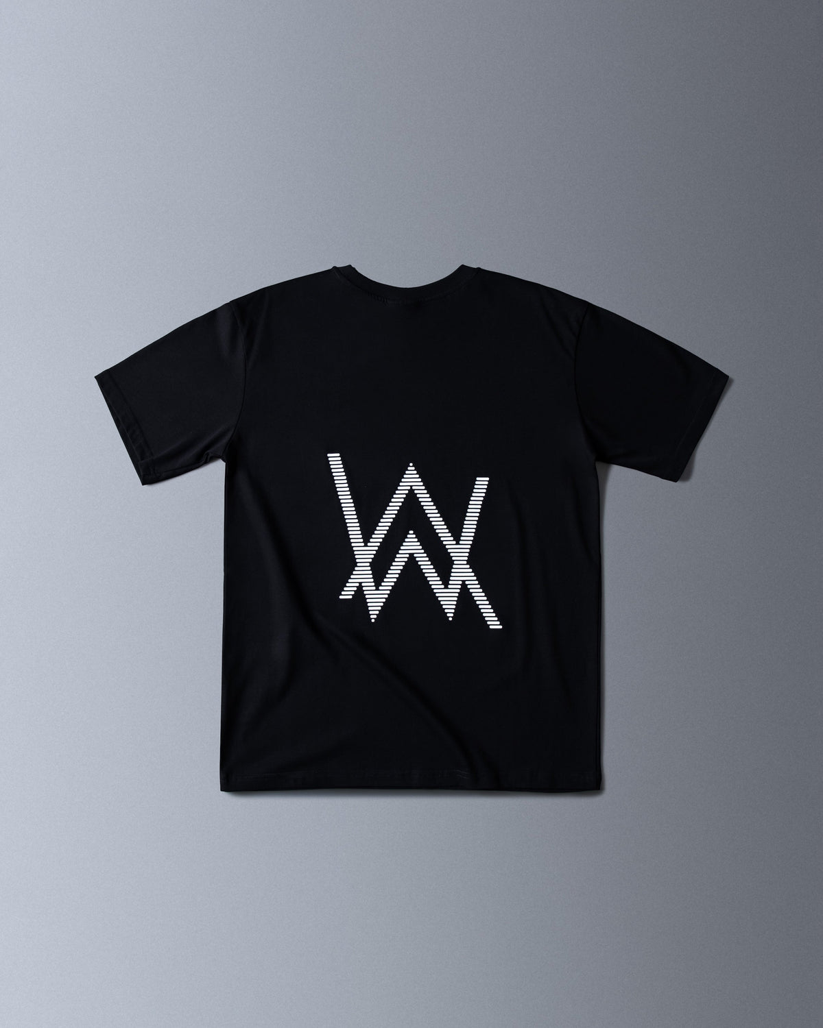 Alan Walker World of Walker Skyline T-shirt back flat lay, large striped white AW logo on the black cotton tee