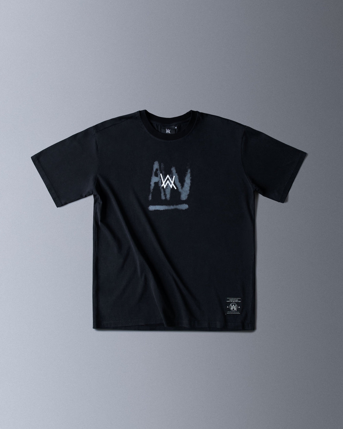 Alan Walker Faded Graffiti T-Shirt front flat lay in black with the painted AW chest logo and hem label