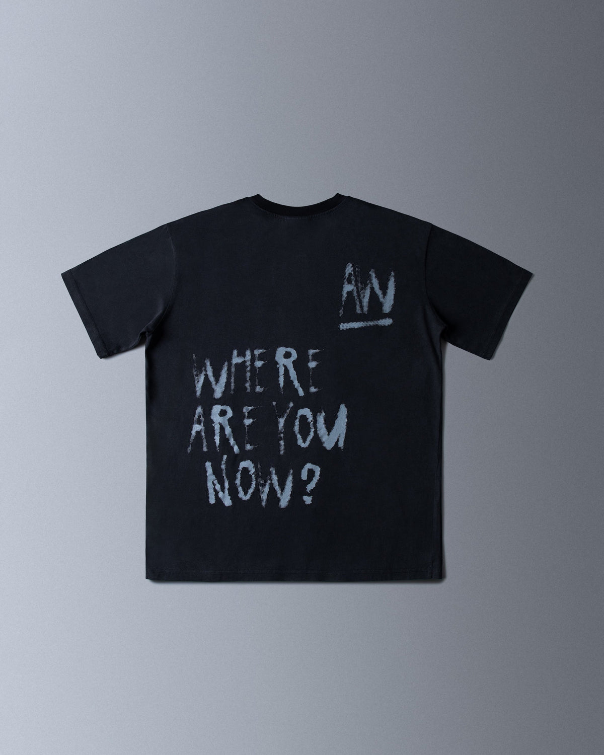 Alan Walker Faded Graffiti T-Shirt back flat lay, black tee with the sprayed Where Are You Now lyric print