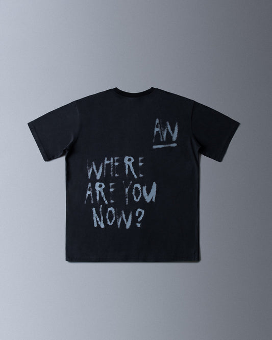 Alan Walker Faded Graffiti T-Shirt back flat lay, black tee with the sprayed Where Are You Now lyric print