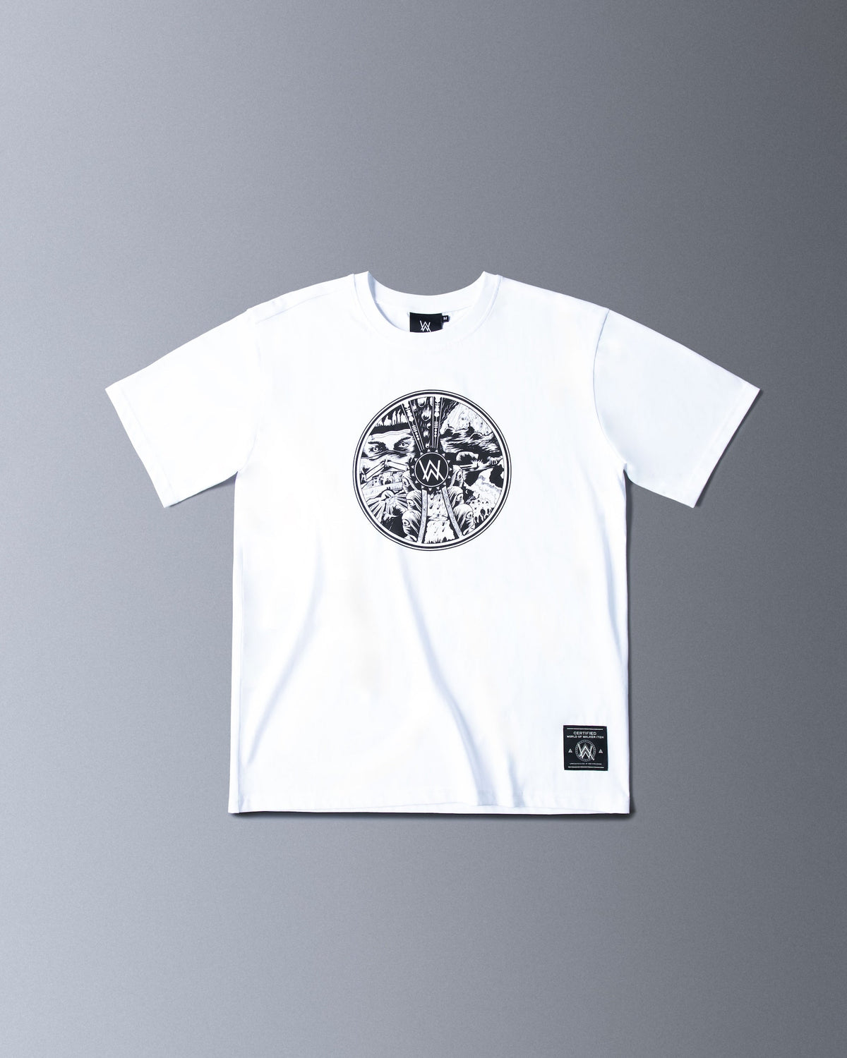 Alan Walker End of the World T-Shirt front flat lay, white tee with a black circular apocalypse scene print