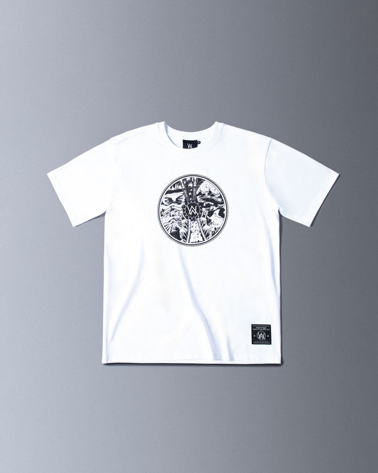 Alan Walker End of the World T-Shirt front flat lay, white tee with a black circular apocalypse scene print