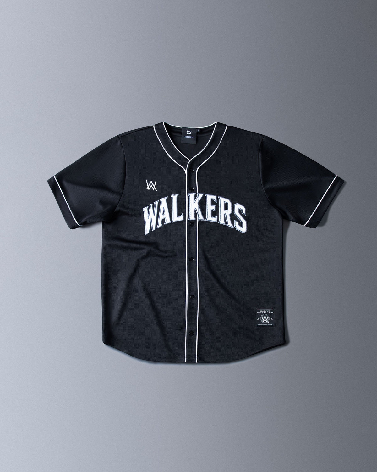 Alan Walker 0 Baseball Jersey front flat lay in black with white Walkers chest lettering and piped placket