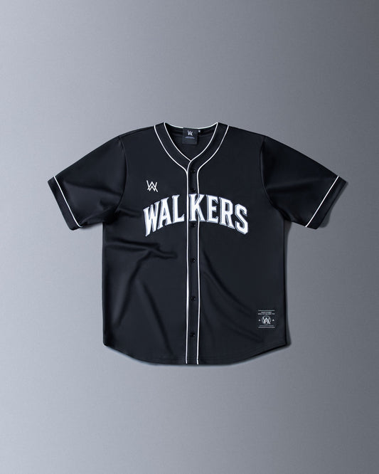 Alan Walker 0 Baseball Jersey front flat lay in black with white Walkers chest lettering and piped placket