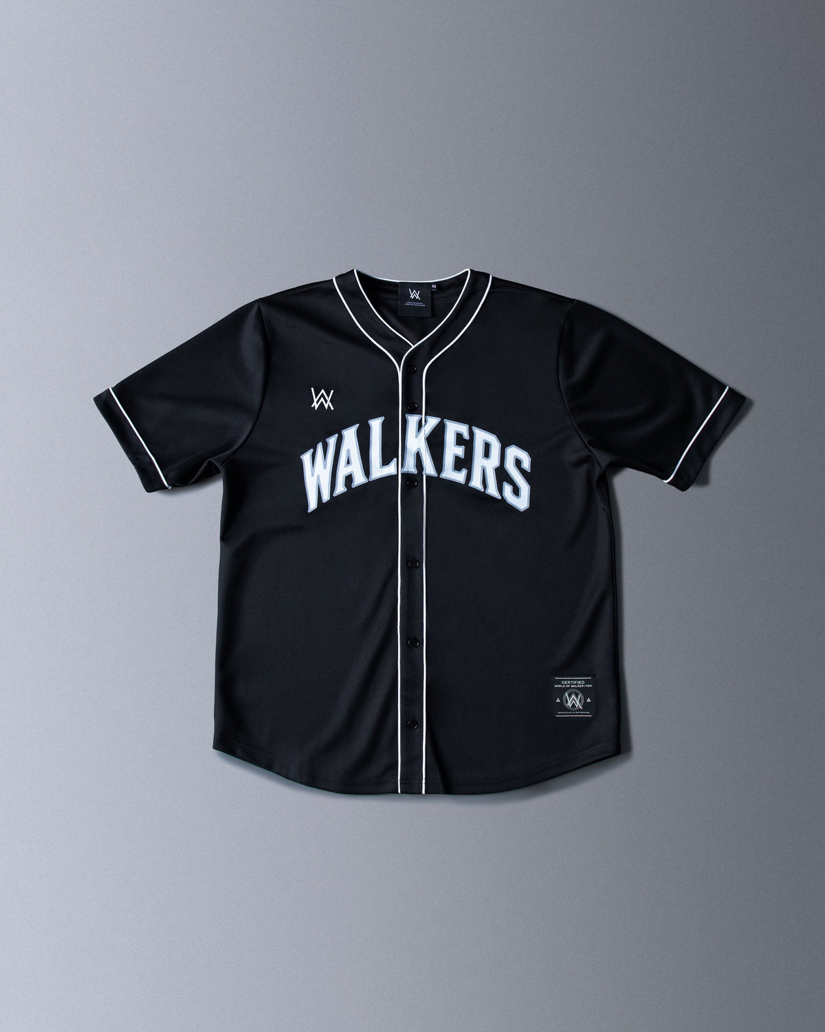 Alan Walker 8 Baseball Jersey front flat lay in black with white Walkers lettering and AW chest logo