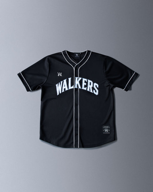 Alan Walker 8 Baseball Jersey front flat lay in black with white Walkers lettering and AW chest logo