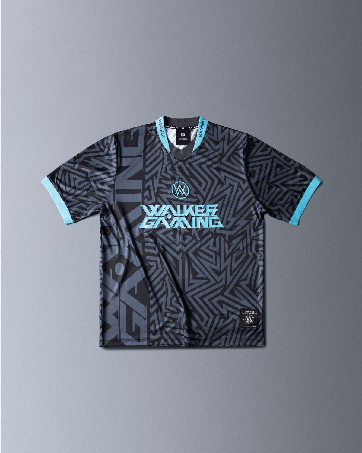 Alan Walker Gaming Jersey front flat lay, grey maze-print top with cyan trim and Walker Gaming logo