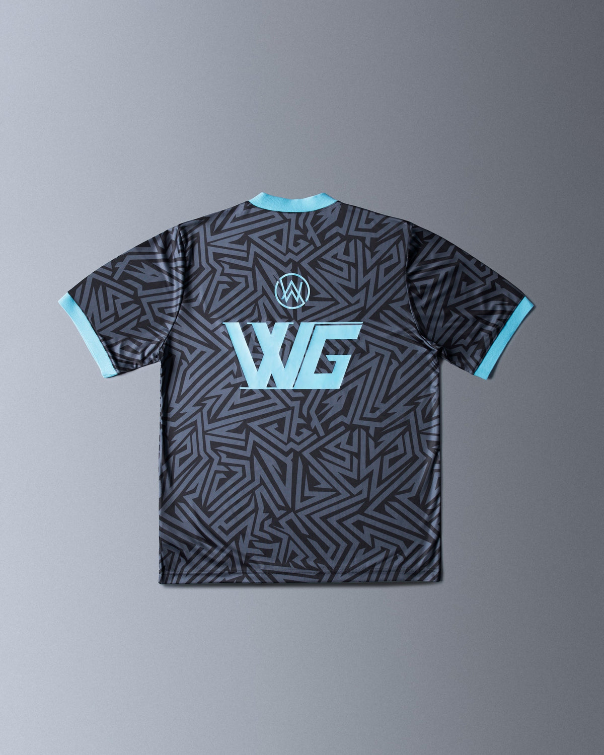 Alan Walker Gaming Jersey back flat lay in grey maze print with the large white WG monogram and cyan trim